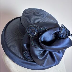 Navy Blue Formal Beaded Floral Formal Hat